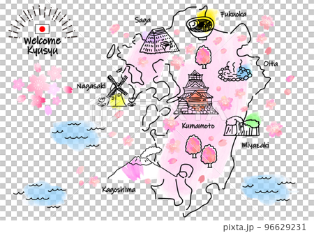 春の九州の観光地のシンプル線画イラストマップ（ピンク） 96629231