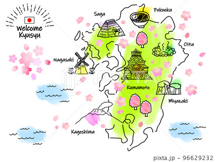 春の九州の観光地のシンプル線画イラストマップ（緑） 96629232