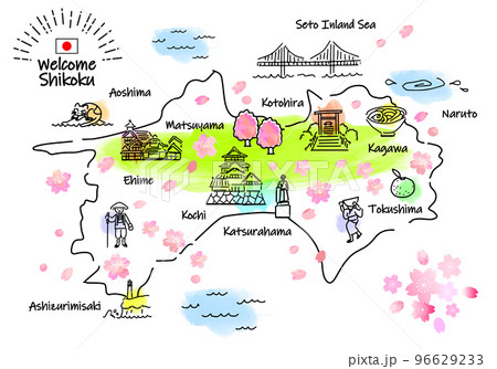 春の四国の観光地のシンプル線画イラストマップ（緑） 96629233