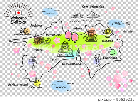 春の四国の観光地のシンプル線画イラストマップ（緑） 96629233