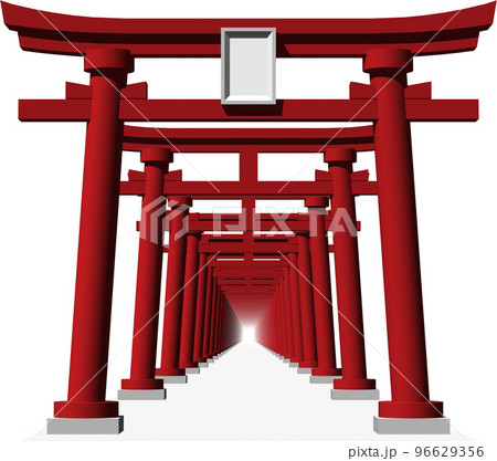神社の赤い鳥居が連なる光景が美しい。背景透明イラストのイラスト素材