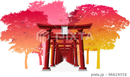 神社の赤い鳥居が連なる光景が美しい。背景透明イラストのイラスト素材