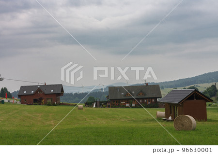 Mountain village in Jesenik mountains. Lower station of chairlift. Ski nad tourist centre in the Czech Republic. 96630001