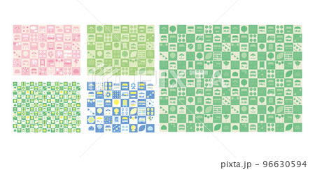 フラットなマルシェのアイコンを整列した背景イラストセット。春と初夏と夏のイメージ。シームレス 96630594
