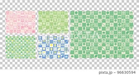 フラットなマルシェのアイコンを整列した背景イラストセット。春と初夏と夏のイメージ。シームレス 96630594