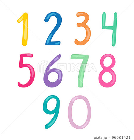 Cartoon color numbers from Zero to Nine. Hand drawn vector art. Rainbow colors 96631421