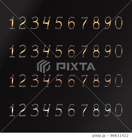 Set of numbers from Zero to Nine in different metall colors. Gold. Bronze. Silver. Black background. Hand drawn numbers. Vector art 96631422