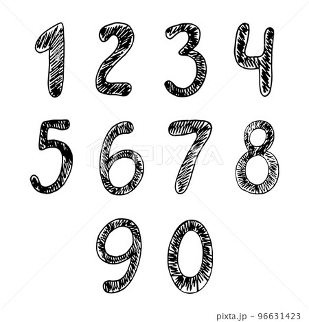 Hand drawn numbers from Zero to Nine. Black simple line with strokes. Vector art 96631423