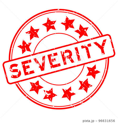 Grunge red severity word with star icon round rubber seal stamp on white background 96631656