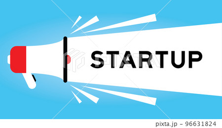 Color megaphone icon with word startup in white banner on blue background Color megaphone icon with word startup in white banner on blue background 96631824