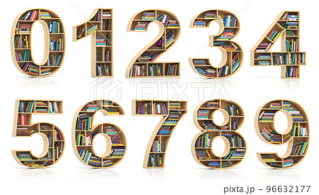 Set of numbers in form of bookshelf with book and texbooks. Educational and learning conceptual font and alphabet. Set of numbers in form of bookshelf with book and texbooks. Educational and learning conceptual font and alphabet. 96632177