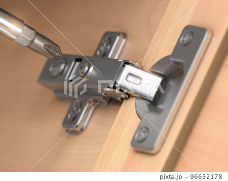 Cabinet swing door hinge furniture with screwdriver.  Repair of fittings hardware for wardrobe and cupboard. Cabinet swing door hinge furniture with screwdriver.  Repair of fittings hardware for wardrobe and cupboard. 96632178