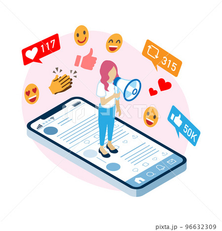 SNSで情報発信に成功する若い女性(半袖シャツ) - アイソメトリック図法 96632309