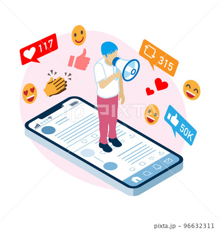 SNSで情報発信に成功する若い男性(半袖シャツ) - アイソメトリック図法 96632311