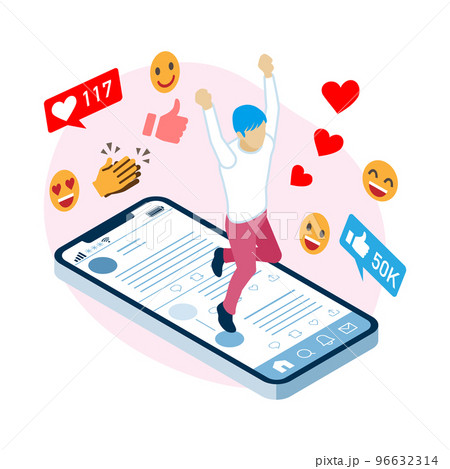 SNSでバズる若い男性(長袖シャツ) - アイソメトリック図法 96632314