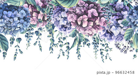 Hydrangea flowers, eucalyptus branches and decorative berries. Horizontal seamless banner. Watercolor illustration from the WEDDING FLOWERS collection. For the design and design of printing 96632458