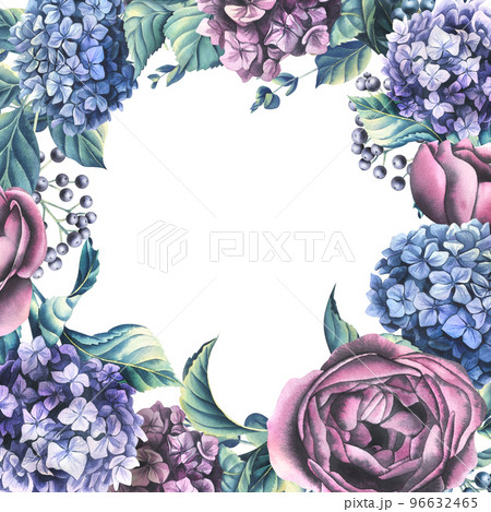 A frame of rose and hydrangea flowers with decorative berries and eucalyptus branches. Watercolor illustration. Letterhead from the collection of WEDDING FLOWERS. For decoration and design of printing 96632465