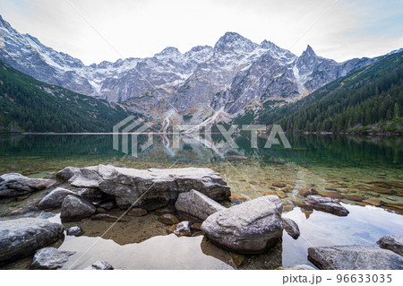 Morskie Oko or Sea Eye Lake, famous tourist destination in Tatra National Park, near Zakopane, Poland. Five Lakes Valley in mountains. Beautiful Polish landscape. No people. 96633035