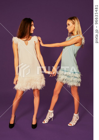 Professional photo of two young women, blonde and brunette, in cocktail dresses posing on purlpe background 96635481