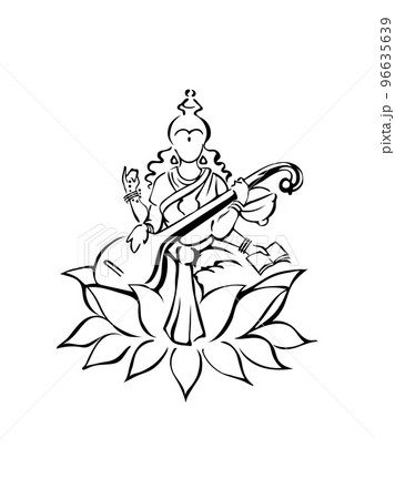 Saraswati, Hindu goddess of knowledge, sitting on lotus flower and playing veena instrument, silhouette symbol, sketch 96635639