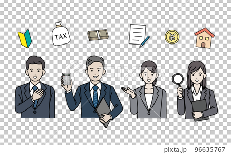 税金やお金について説明する税理士、ビジネスパーソンのイラスト 税金やお金について説明する税理士、ビジネスパーソンのイラスト 96635767