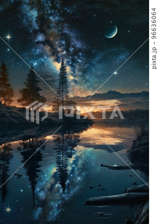 天の川と月が反射する湖の風景 96636064
