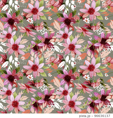 Seamless pattern with pink large chrysanthemum flowers and plants, watercolor illustration.	 96636137