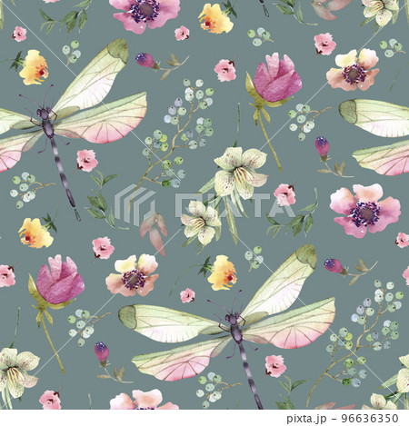 Seamless pattern with delicate flowers, plants and dragonflies. watercolor illustration .	 96636350