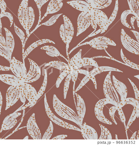 seamless graphic pattern with white flowers abstract lilies on a brown background.	 96636352