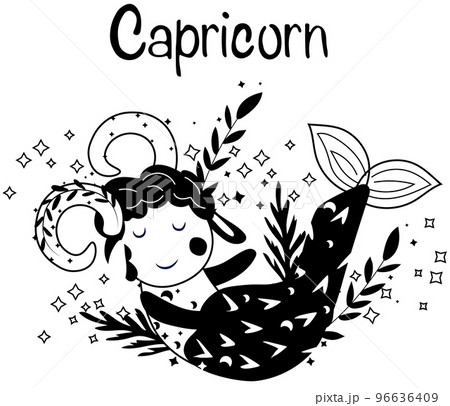 Black and white Capricorn astrological sign. Funny Zodiac sign with colorful leaves and stars around. Capricorn perfect for posters, logo, cards. Vector illustration 96636409