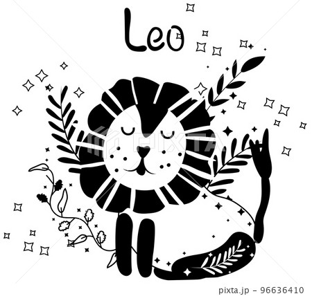 Black and white Leo astrological sign. Cute Zodiac sign with colorful leaves and stars around. Cute Leo perfect for posters, logo, cards. Vector illustration 96636410