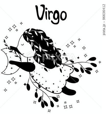 Black and white Virgo astrological sign. Cute Zodiac sign with colorful leaves and stars around. Cute Virgo perfect for posters, logo, cards. Vector illustration 96636412