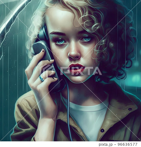 curly blonde young caucasian woman talking on the phone under rain, neural network generated art 96636577