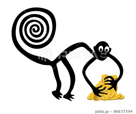 Monkey with a pile of golden coins 96637394