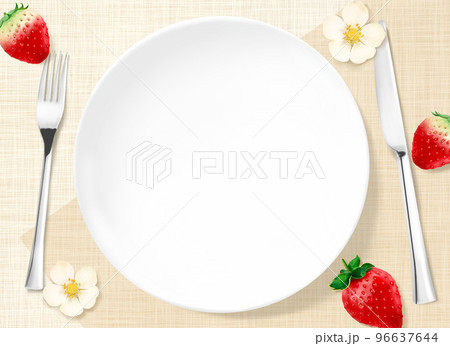 ベージュの麻布テクスチャーの上に散らばったいちごと花ー白い皿とナイフとフォーク背景イラスト素材 96637644