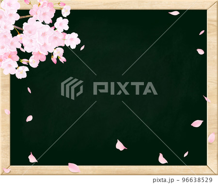 華やかな桜の花と黒板ー春の花びら舞い散る背景素材 96638529