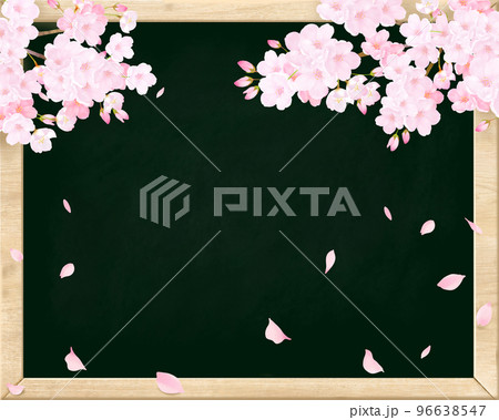 華やかな桜の花と黒板ー春の花びら舞い散る背景素材 96638547