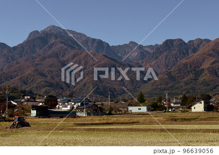 北杜市白州町、収穫が終わり秋の田を耕耘する赤いトラクター 96639056