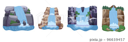 Set Of Waterfall Cascades, Beautiful River Jets Isolated On White Background. Nature Landscape Elements With Green Grass 96639457