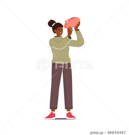 Poor Black Woman Shaking Empty Piggy Bank In Hands Searching Money. African American Female Character Financial Problem 96639497