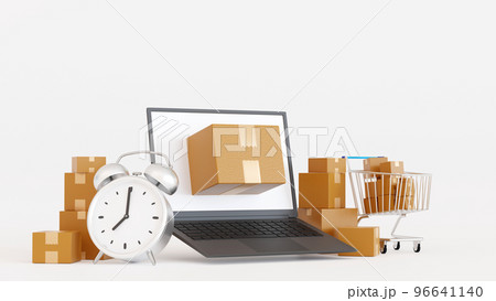 Online shopping time, laptop with supermarket cart trolley and parcel box e-commerce, 3D rendering. 96641140