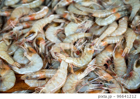 Fresh uncooked tiger prawns at Asian fishmarket Fresh uncooked tiger prawns at Asian fishmarket 96641212