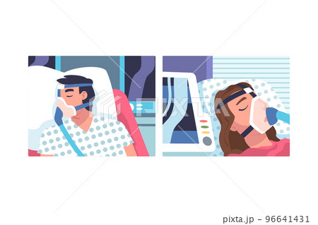 Young Man and Woman Patient in Hospital Lying on Bed with Mask Having Artificial Lung Ventilation Being in Critical Condition Vector Set Young Man and Woman Patient in Hospital Lying on Bed with Mask Having Artificial Lung Ventilation Being in Critical Condition Vector Set 96641431