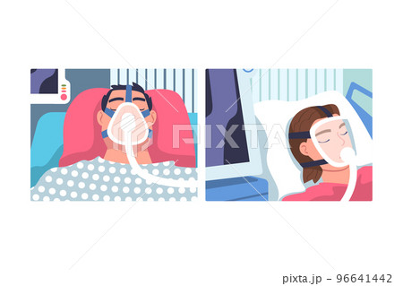 Young Man and Woman Patient in Hospital Lying on Bed with Mask Having Artificial Lung Ventilation Being in Critical Condition Vector Set Young Man and Woman Patient in Hospital Lying on Bed with Mask Having Artificial Lung Ventilation Being in Critical Condition Vector Set 96641442