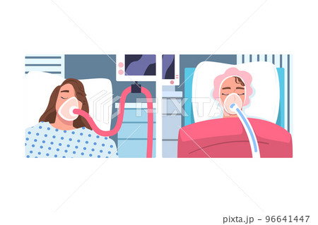 Young Woman Patient in Hospital Lying on Bed with Mask Having Artificial Lung Ventilation Being in Critical Condition Vector Set 96641447