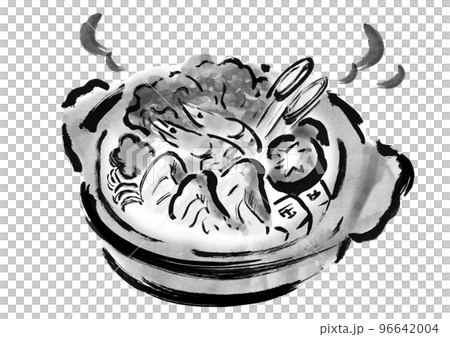Hand-drawn Japanese-style illustrations of hot pots black and white, monochrome, single color 96642004
