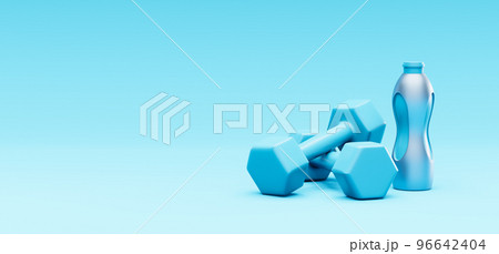 Dumbells and bottle on a blue background 3d render 96642404