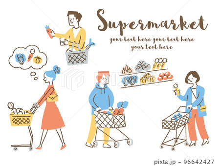 スーパーで買い物する人たち_セット_色 スーパーで買い物する人たち_セット_色 96642427