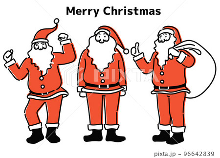 クリスマスに踊るサンタ、緊張しているサンタ、笑顔のサンタの全身のイラストセット 96642839