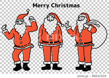 クリスマスに踊るサンタ、緊張しているサンタ、笑顔のサンタの全身のイラストセット 96642839